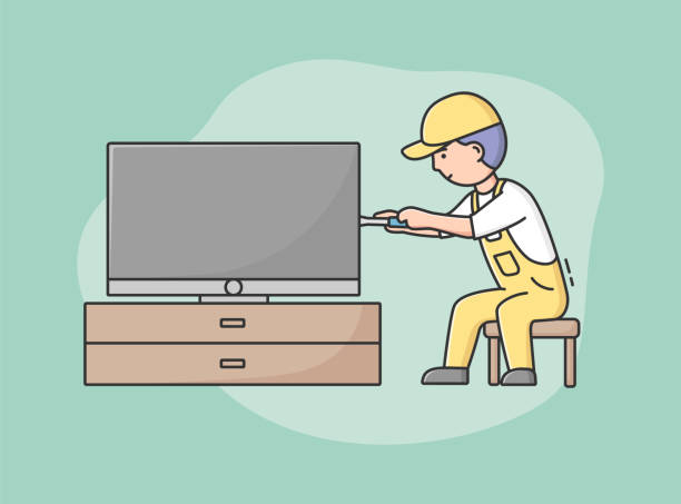 Concept Comprehensive Electrician Service Professional Worker Repairman In  Uniform Fixes Tv Character Repairs Or Installs Appliances At Home Cartoon  Linear Outline Flat Style Vector Illustration Stock Illustration - Download  Image Now - iStock
