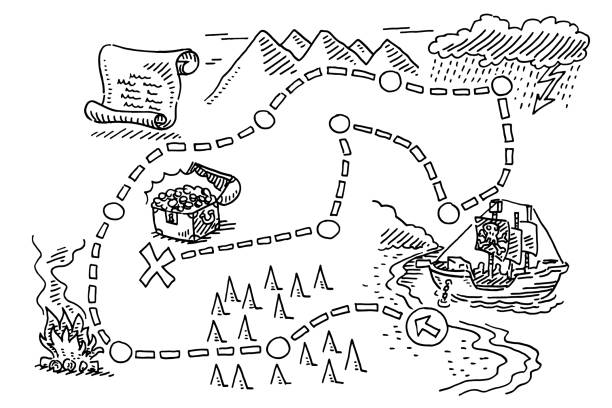 treasure map pirate ship drawing - treasure map stock illustrations