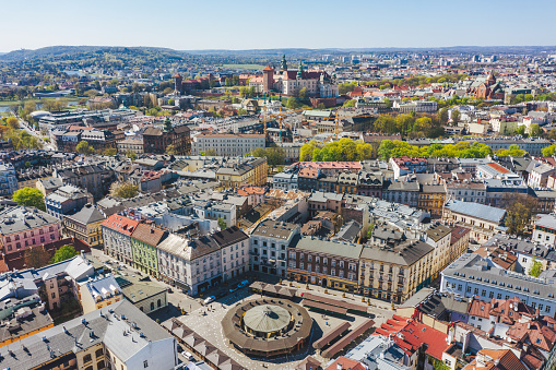 Aerial view of Kazimierz District and city of Krakow, Poland