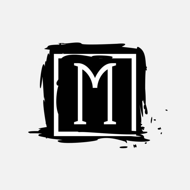 ilustraciones, imágenes clip art, dibujos animados e iconos de stock de logotipo de la letra m en marco cuadrado en pinceladas secas de tinta con bordes ásperos. - letter m paintbrush sign painting