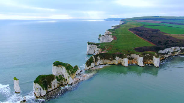 istock Old Harry Rocks in England - aerial view 1220067930