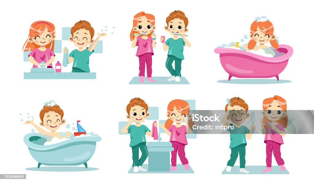 Concept Of Kids Dental Health And Personal Hygiene Happy Children Clean  Teeth Wash Hands And Face Taking Care Of Hair Children Daily Routine  Procedures Cartoon Flat Style Vector Illustration Stock Illustration -