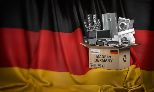 istock Household appliances made in Germany. Home kitchen technics in a cardboard box producted and delivered from Germany 1220068357