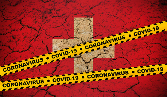 Swiss - Pandemic Covid-19 Coronavirus cells flag yellow band danger