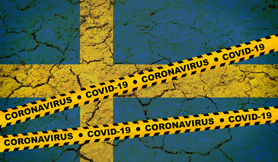 Sweden - Pandemic Covid-19 Coronavirus cells flag yellow band danger