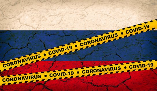 Russia - Pandemic Covid-19 Coronavirus cells flag yellow band danger