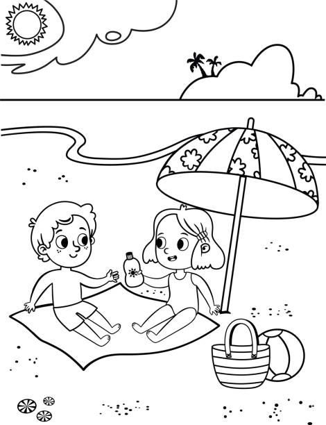 ilustraciones, imágenes clip art, dibujos animados e iconos de stock de blanco y negro dos niños lindos en la playa - niña y niño libro para colorear