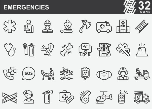 stockillustraties, clipart, cartoons en iconen met emergencys line iconen - brandweer