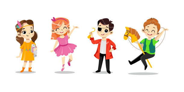 illustrazioni stock, clip art, cartoni animati e icone di tendenza di concetto di festa animata per bambini. i bambini felici in diversi costumi di eroi sono in fila. i bambini si immaginano di supereroi e giocano insieme. stile piatto cartone animato. illustrazione vettoriale - mask superhero heroes men