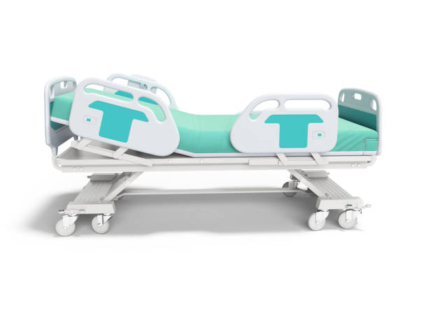 istock Turquoise hospital bed with lifting mechanism on an autonomous control panel right side view 3D render on white background with shadow 1220070506