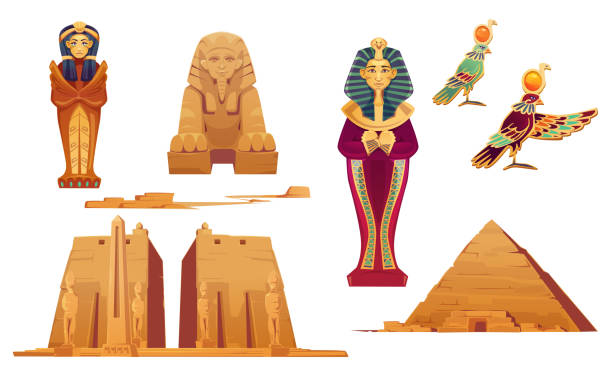 Egypt landmarks and ancient egyptian deities set Egypt landmarks and deities set. Ancient egyptian pyramid, sphinx, pharaoh sarcophagus, world famous Obelisk in Temple of Karnak, god Ra. Tourist attraction architecture, Cartoon vector illustration karnak temple stock illustrations