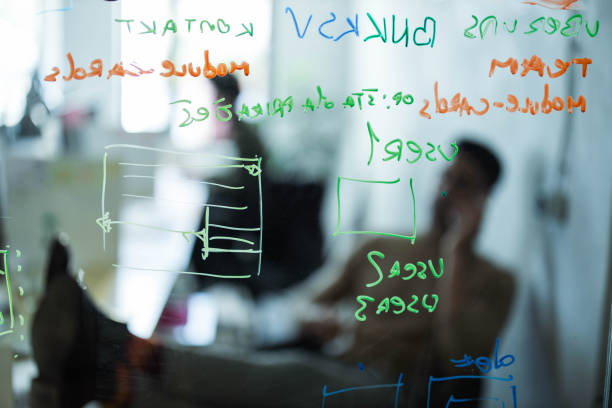 istock Close up of codes on a glass wall in the office. 1220072407