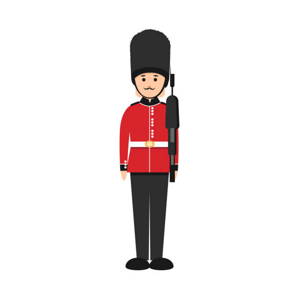 British soldier in flat style. Queen's Guard in traditional uniform. British soldier in flat style. Queen's Guard in traditional uniform. Cartoon flat vector character illustration. bayonet stock illustrations