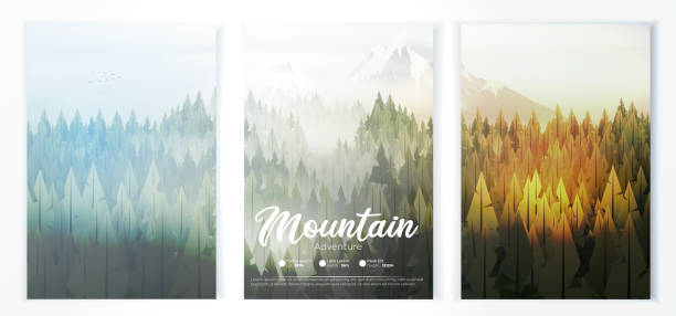 ilustraciones, imágenes clip art, dibujos animados e iconos de stock de cartel del campamento con bosque de pinos y montañas - póster ilustraciones