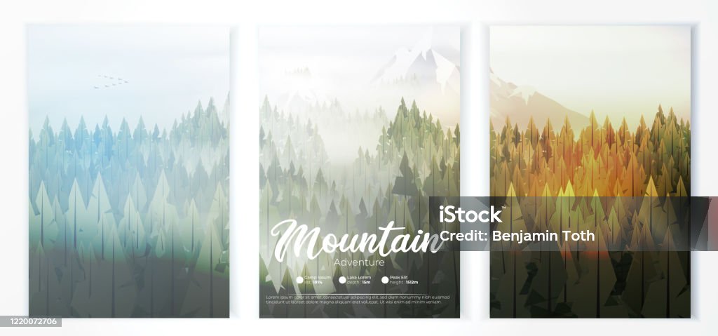 Camp poster with pine forest, and mountains Forest stock vector