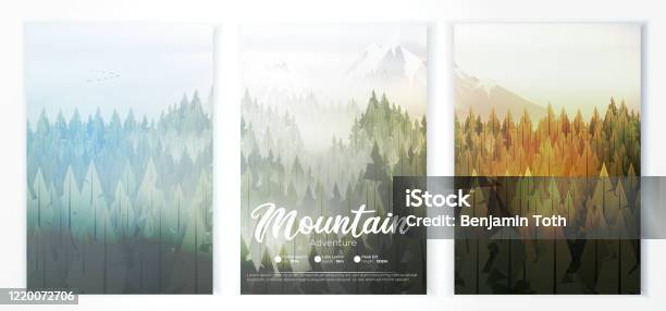 Camp Poster With Pine Forest And Mountains Stock Illustration - Download Image Now - Forest, Tree, Mountain