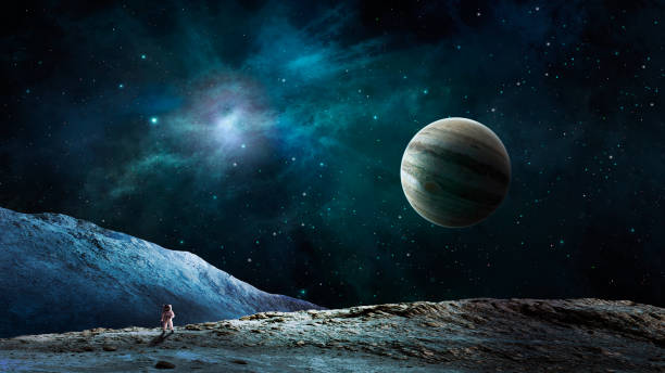 istock Space background. Astronaut walk on land with blue nebula with jupiter planet 1220075027