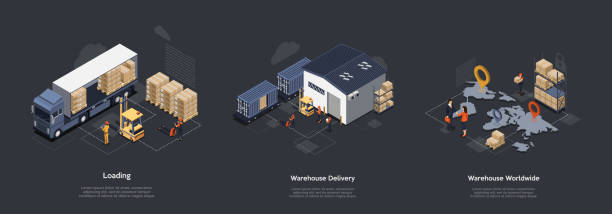 ilustrações de stock, clip art, desenhos animados e ícones de isometric warehouse work process concept. on time worldwide delivery. delivery equipment and professional work staff control process of sorting, loading and unloading cargo. vector illustrations set - warehouse