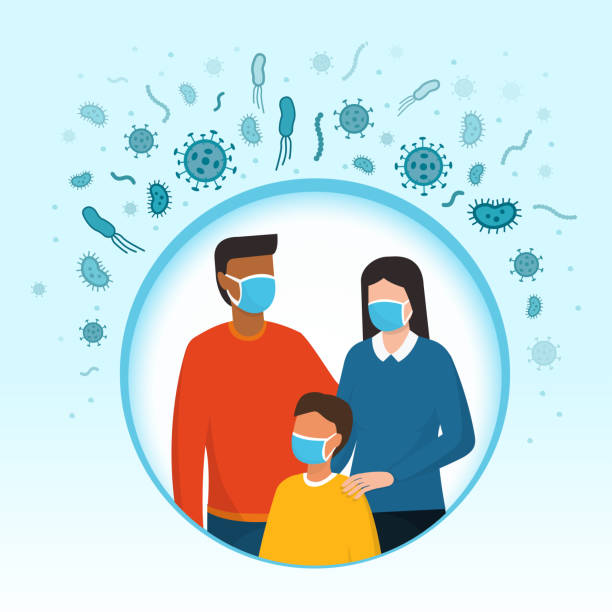 Family wearing protective face masks Family wearing protective face masks: virus and infection prevention cold and flu family stock illustrations