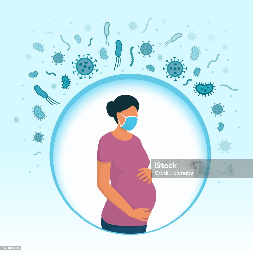 Pregnant woman wearing a face mask and protecting herself Pregnant woman wearing a face mask and protecting herself from infection, prevention and immunity concept Pregnant stock vector