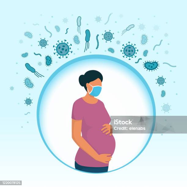 Pregnant Woman Wearing A Face Mask And Protecting Herself Stock Illustration - Download Image Now