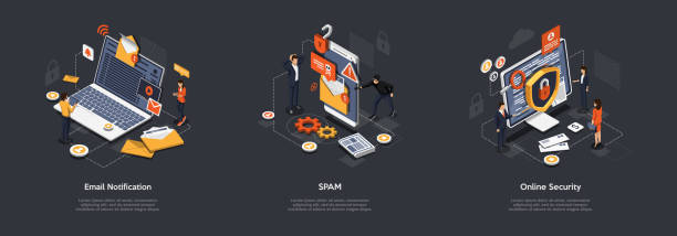 ilustrações de stock, clip art, desenhos animados e ícones de isometric online security, spam, email notifications and data protection. developers are creating malware protection for customer from negative emails and computer viruses. vector illustrations set - cyber security