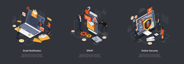 Isometric Online Security, Spam, Email Notifications And Data Protection. Developers Are Creating Malware Protection For Customer From Negative Emails And Computer Viruses. Vector Illustrations Set Isometric Online Security, Spam, Email Notifications And Data Protection. Developers Are Creating Malware Protection For Customer From Negative Emails And Computer Viruses. Vector Illustrations Set. hacker laptop stock illustrations