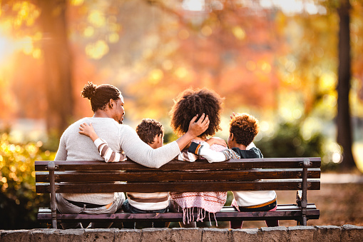 istock Vista trasera de la familia negra abrazada en el día de otoño en un banco del parque. 1220078260