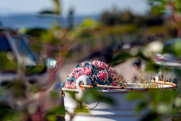 pink and green artificial flower in the rusty metal bucket on the blurry background