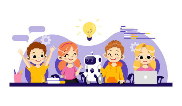Robotics Courses For Children Concept Robots Designing Programming And  Repairing Smart Technologies Group Of Cheerful Children With Robot And  Infographics Cartoon Flat Style Vector Illustration Stock Illustration -  Download Image Now - iStock