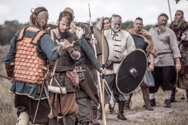 istock Viking warriors outdoors leading a scouting mission 1220083635