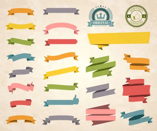 Vector illustration of Set of Colorful Vintage Ribbons, Banners, badges, Labels - Design Elements on retro background