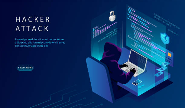 isometrisches internet und persönliche daten hacker angriff konzept. website landing page. der hacker am computer versucht, sicherheit zu hacken. kreditkarte, bankkonto hacking. webseiten-vektor-illustration - computerhacker stock-grafiken, -clipart, -cartoons und -symbole