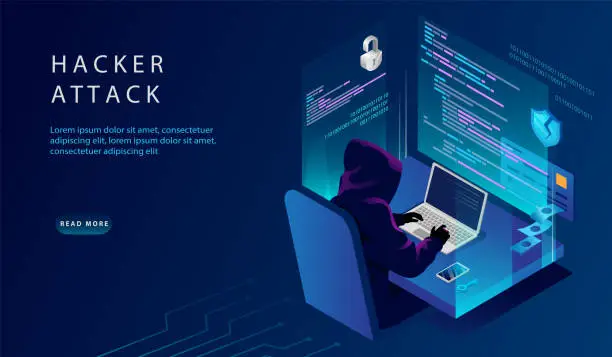 Vector illustration of Isometric Internet And Personal Data Hacker Attack Concept. Website Landing Page. The Hacker at The Computer Trying To Hack Security. Credit Card, Bank Account Hacking. Web Page Vector Illustration