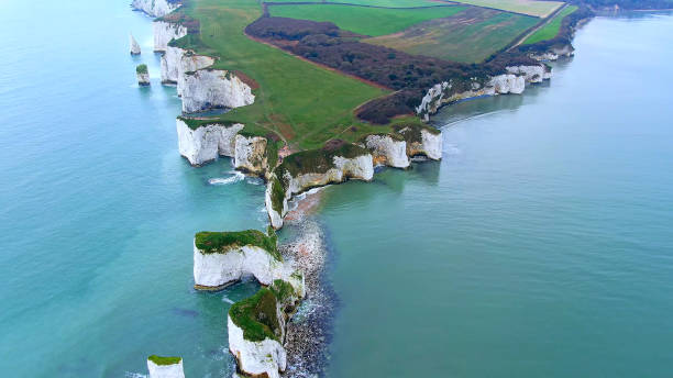 istock Old Harry Rocks in England - aerial view 1220087397