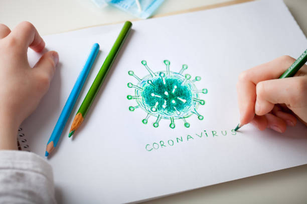 the child draws a coronavirus. coronavirus. 2019 novel coronavirus, 2019-ncov. - blood sample imagens e fotografias de stock