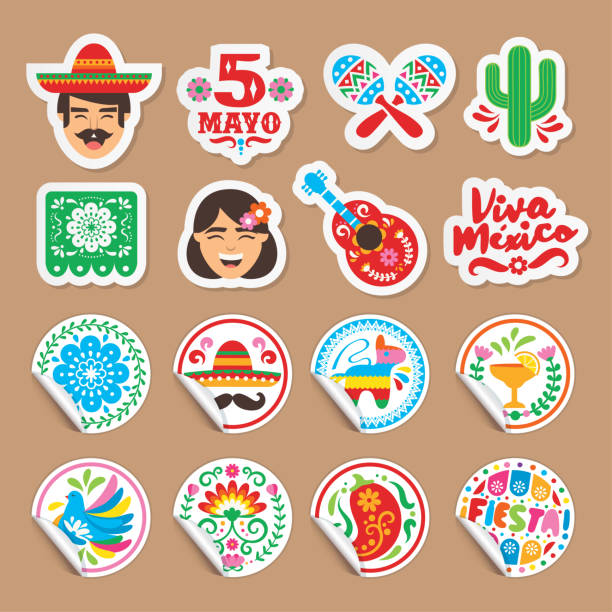 Cinco de Mayo - stickers set Set of 16 Mexican icon stickers for the Cinco de Mayo holiday. Vector stickers and icon designs on Mexican culture. Paper and peeled vector stickers. hispanic day illustrations stock illustrations