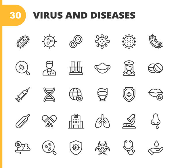 ilustrações de stock, clip art, desenhos animados e ícones de virus and disease line icons. editable stroke. pixel perfect. for mobile and web. contains such icons as bacterium, infection, disease, virus, cell, flu, research, pandemia, mouth, coronavirus, quarantine, hospital, face mask, lung. - communicable disease