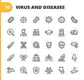 Virus and Disease Line Icons. Editable Stroke. Pixel Perfect. For Mobile and Web. Contains such icons as Bacterium, Infection, Disease, Virus, Cell, Flu, Research, Pandemia, Mouth, Coronavirus, Quarantine, Hospital, Face Mask, Lung.