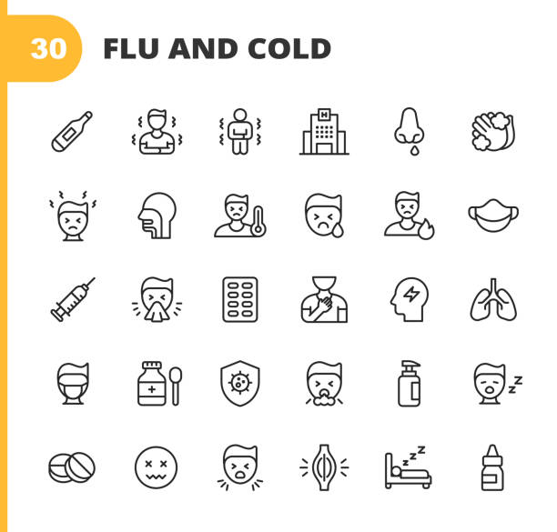 Flu and Cold Line Icons. Editable Stroke. Pixel Perfect. For Mobile and Web. Contains such icons as Flu, Coronavirus, Virus, Blowing Nose, Coughing, Fever, Sneezing, Washing Hands, Thermometer, Medicine, Hospital, Doctor, Vaccine, Pills, Muscle Pain. 30 Flu and Cold Outline Icons. pneumonia diagnosis stock illustrations