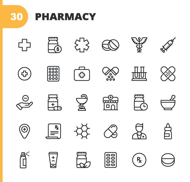 Pharmacy Line Icons. Editable Stroke. Pixel Perfect. For Mobile and Web. Contains such icons as Pharmacy, Pill, Capsule, Vaccination, Drugstore, Painkiller, Prescription, Syringe, Doctor, Hospital, Virus, Doctor, Nurse, Spray, Hospital, Pain Relief. 30 Pharmacy Outline Icons. pharmacy stock illustrations