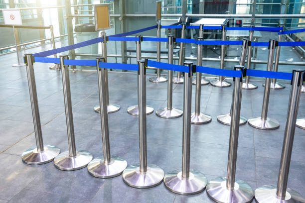 istock Blue tape portable barrier indoor inside a building. 1220089678