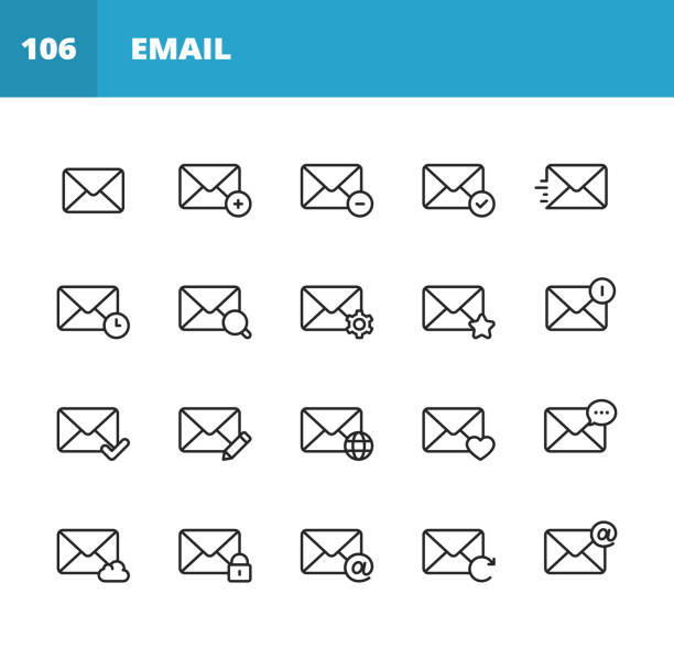 Email and Messaging Line Icons. Editable Stroke. Pixel Perfect. For Mobile and Web. Contains such icons as Email, Messaging, Text Messaging, Communication, Invitation, Speech Bubble, Online Chat, Office, Social Media, Remote Work, Work from Home. 20 Email and Messaging Outline Icons. symbol icon set business downloading stock illustrations