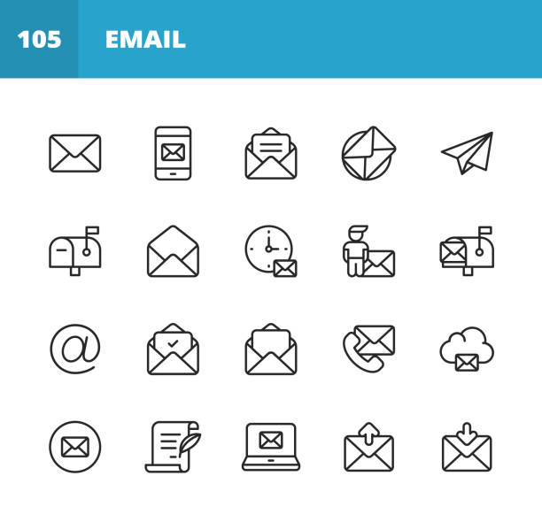 Email and Messaging Line Icons. Editable Stroke. Pixel Perfect. For Mobile and Web. Contains such icons as Email, Messaging, Text Messaging, Communication, Invitation, Speech Bubble, Online Chat, Office, Social Media, Remote Work, Work from Home. 20 Email and Messaging Outline Icons. send stock illustrations