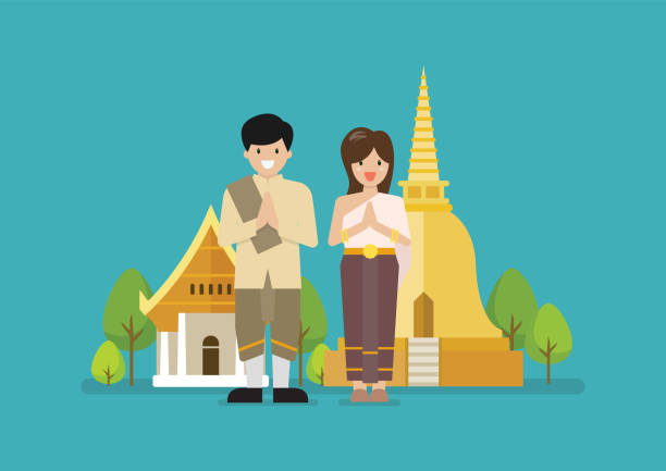 Thai man and woman wearing typical Thai dress with temple in background Thai man and woman wearing typical Thai dress with temple in background. Vector illustration traditional thai costume stock illustrations