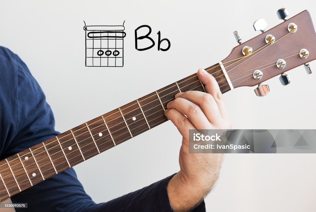 화이트 보드에 표시 기타 코드를 연주 하는 남자 화음 B 플랫 공연에 대한 스톡 사진 및 기타 이미지 - 공연, 공연자, 교사-교육  관련 직업 - Istock