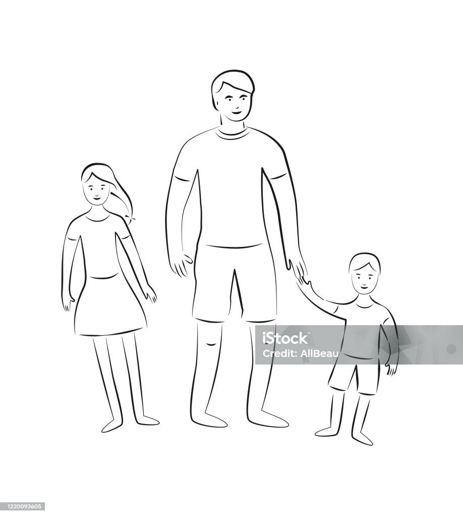 Happy Single Dad Daughter Son Big Brother Little Brother Little Sister One  Parent Single Parent Family Getting Along Two Males One Female Fun  Childhood Family Theme Simple Vector Cartoon Style Linear Minimal