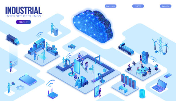 ilustrações de stock, clip art, desenhos animados e ícones de industrial internet of things  infographic illustration, blue neon concept with factory, electric power station, cloud 3d isometric icon, smart transport system, mining machines, data protection - grid servers