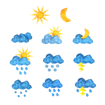 Set of low poly icons of weather, sunny weather, cloudy, rain, snow and lightning on a white background. 3d illustration.