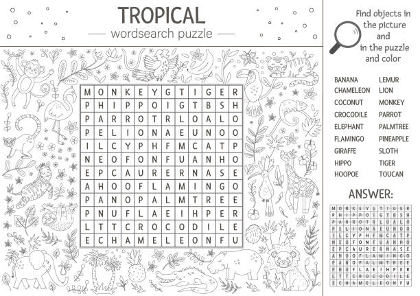 Vector summer wordsearch puzzle. Keyword with tropical animals and birds for children. Educational black and white jungle crossword activity with cute characters. Fun coloring page for kids Vector summer wordsearch puzzle. Keyword with tropical animals and birds for children. Educational black and white jungle crossword activity with cute characters. Fun coloring page for kids crossword puzzle drawing stock illustrations
